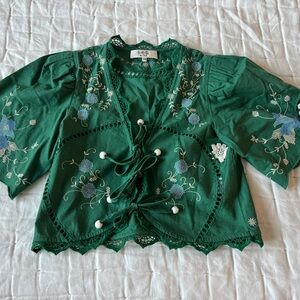 Sea-NY Green Embroidered Tie-Front Women’s Top